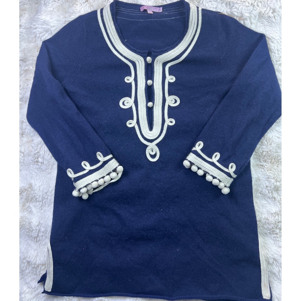 Calypso St Barth Navy Blue Soutache Pom Pom Trim Tunic Sweater Small. A40